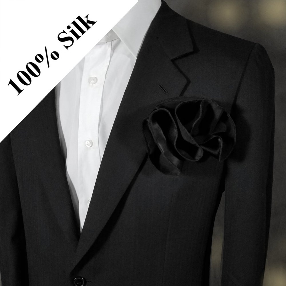 NEW - 100% Silk Black Pouf Round Pocket Square